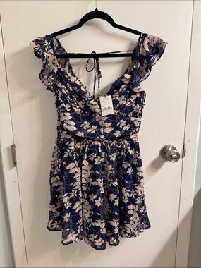 NWT 2Bella Navy Blue Floral Skater Dress with Cap Sleeves-Wedding Guest dress